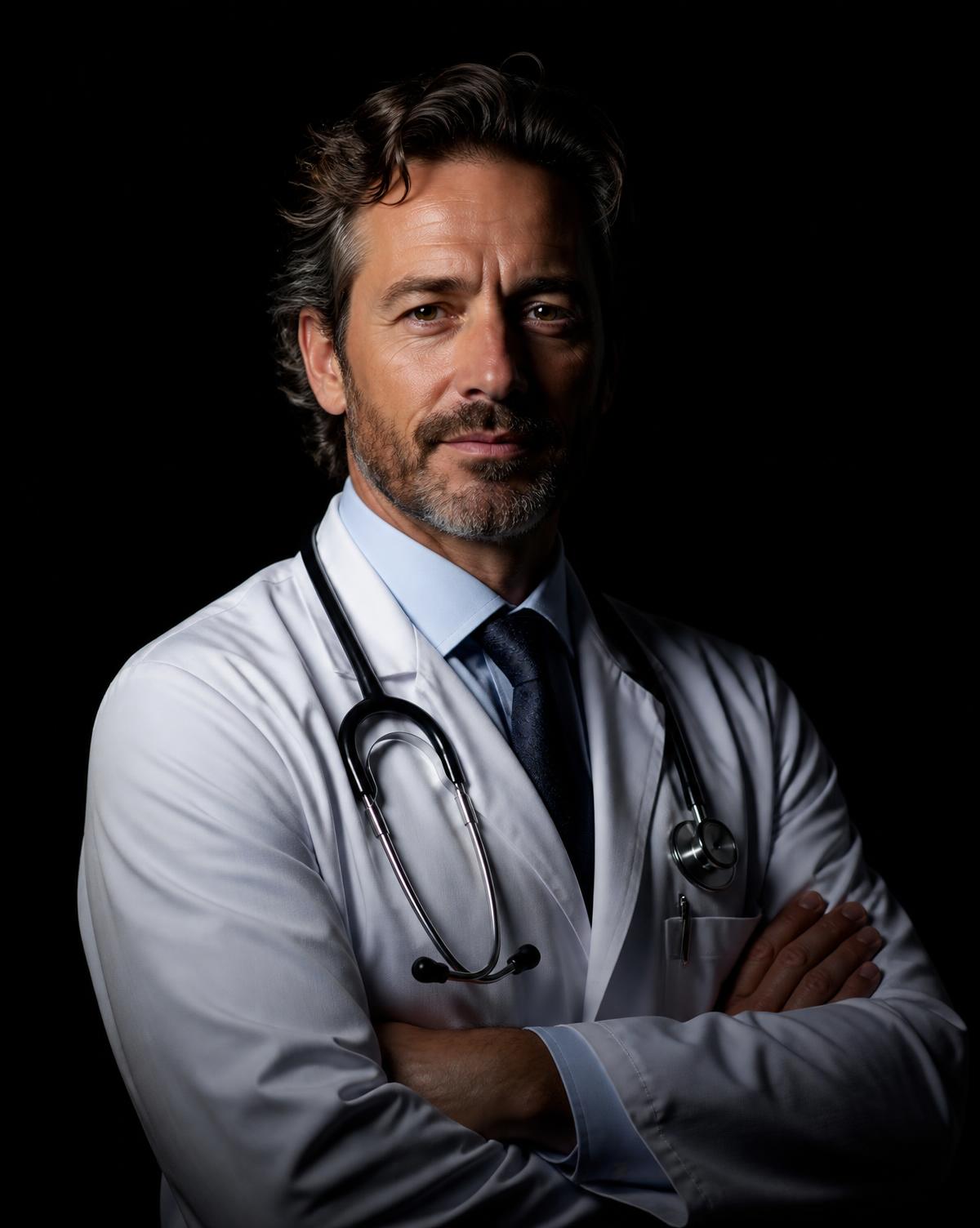 Dramatic studio portrait of a physician lit against a black background